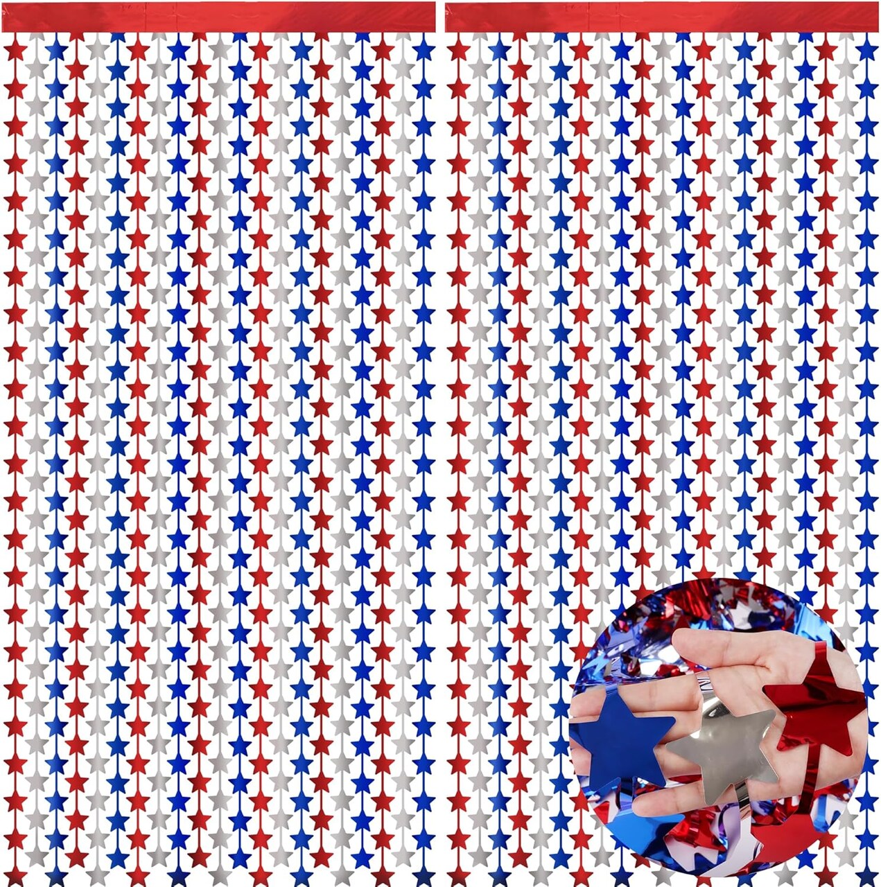 4th of July Party Decorations 2 Pack 3.3 x 6.6 FT Red Silver Blue Star Tinsel Foil Fringe Curtains